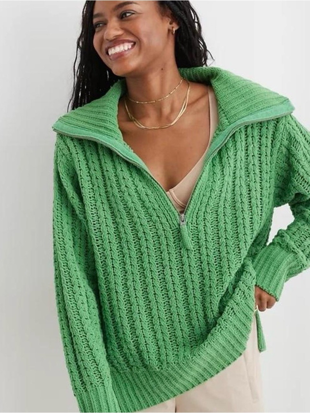 Aerie Oversized Chunky Knit Sweater M Kelly Green 1/4 Zip Soft Chenille Cozy